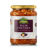 Kashmir Delights authentic Aloo Bukhara plum chutney jar with a label featuring the brand and product name on a wooden table