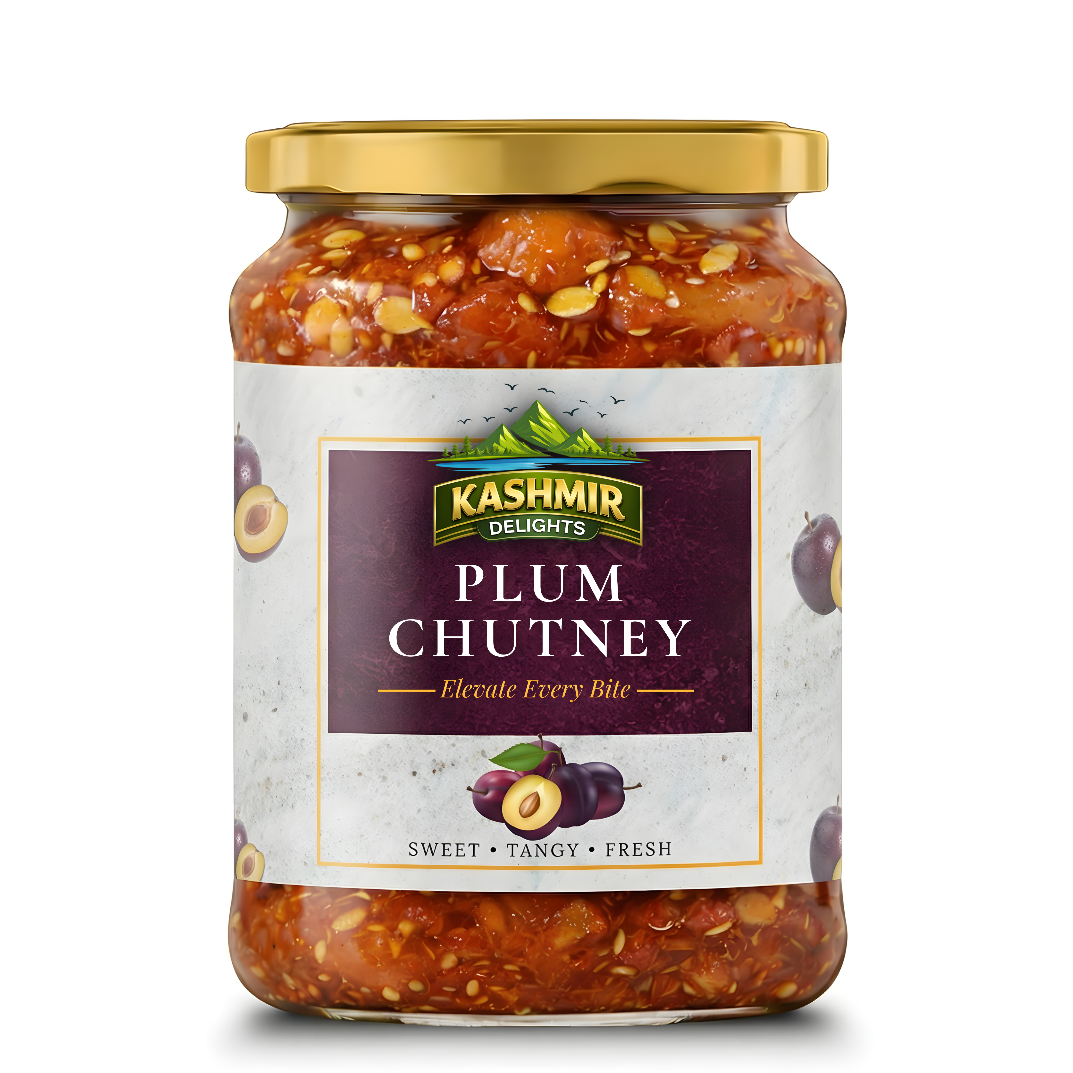 Kashmir Delights authentic Aloo Bukhara plum chutney jar with a label featuring the brand and product name on a wooden table