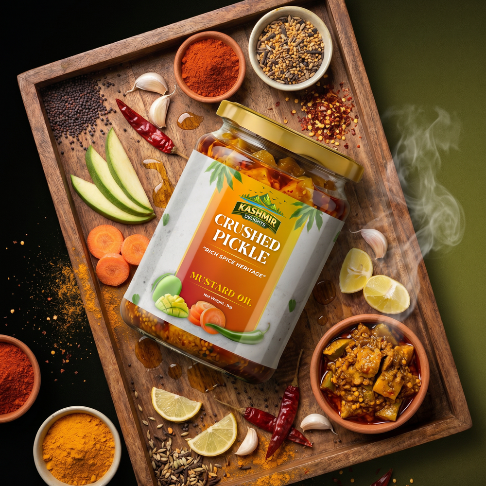 Kashmir Delights crushed pickle in mustard oil in a glass jar with visible crushed vegetables and mustard seeds, ready to serve.