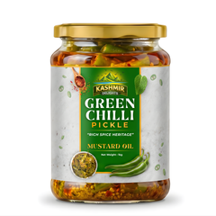 Kashmir Delights Green Chili Pickle in Mustard Oil in a glass jar with vibrant green chilies and mustard seeds visible inside.