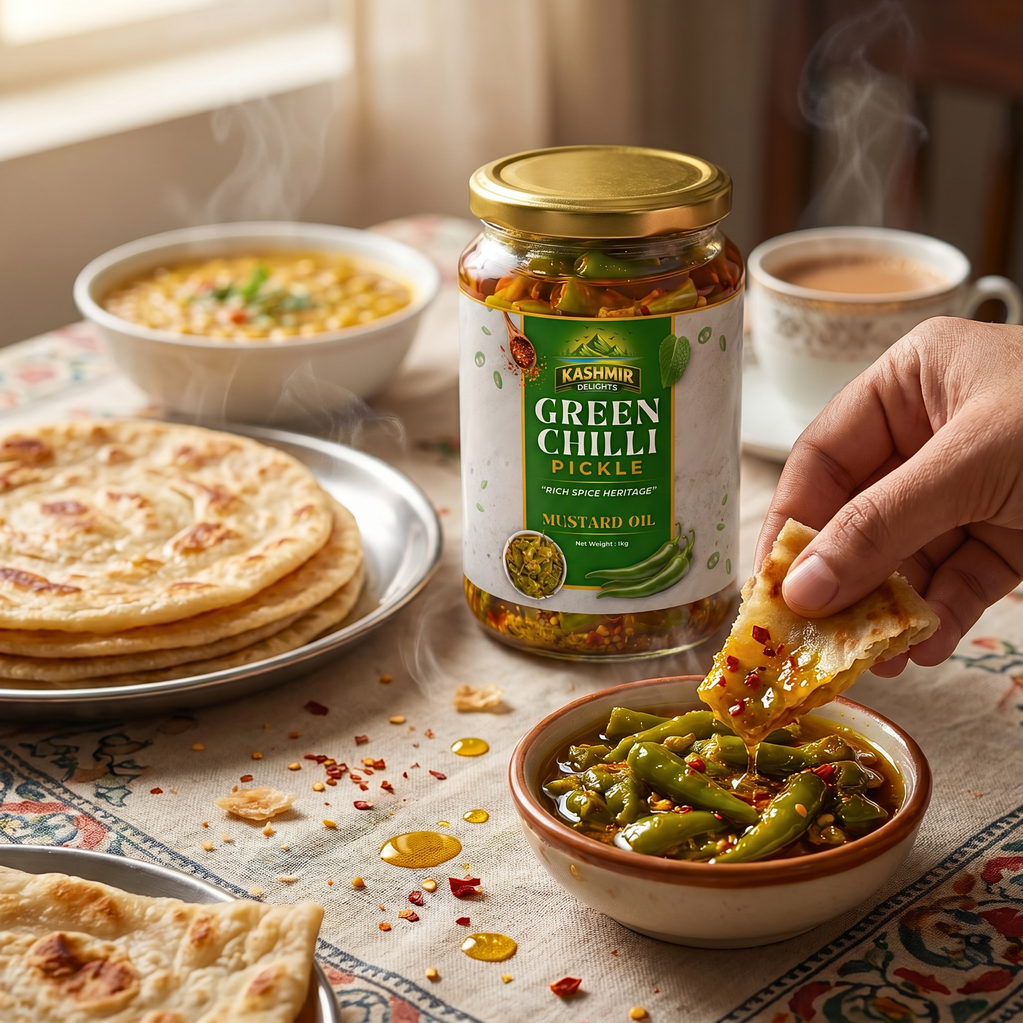 Kashmir Delights green chili pickle in mustard oil jar with vibrant green chilies and spicy texture.