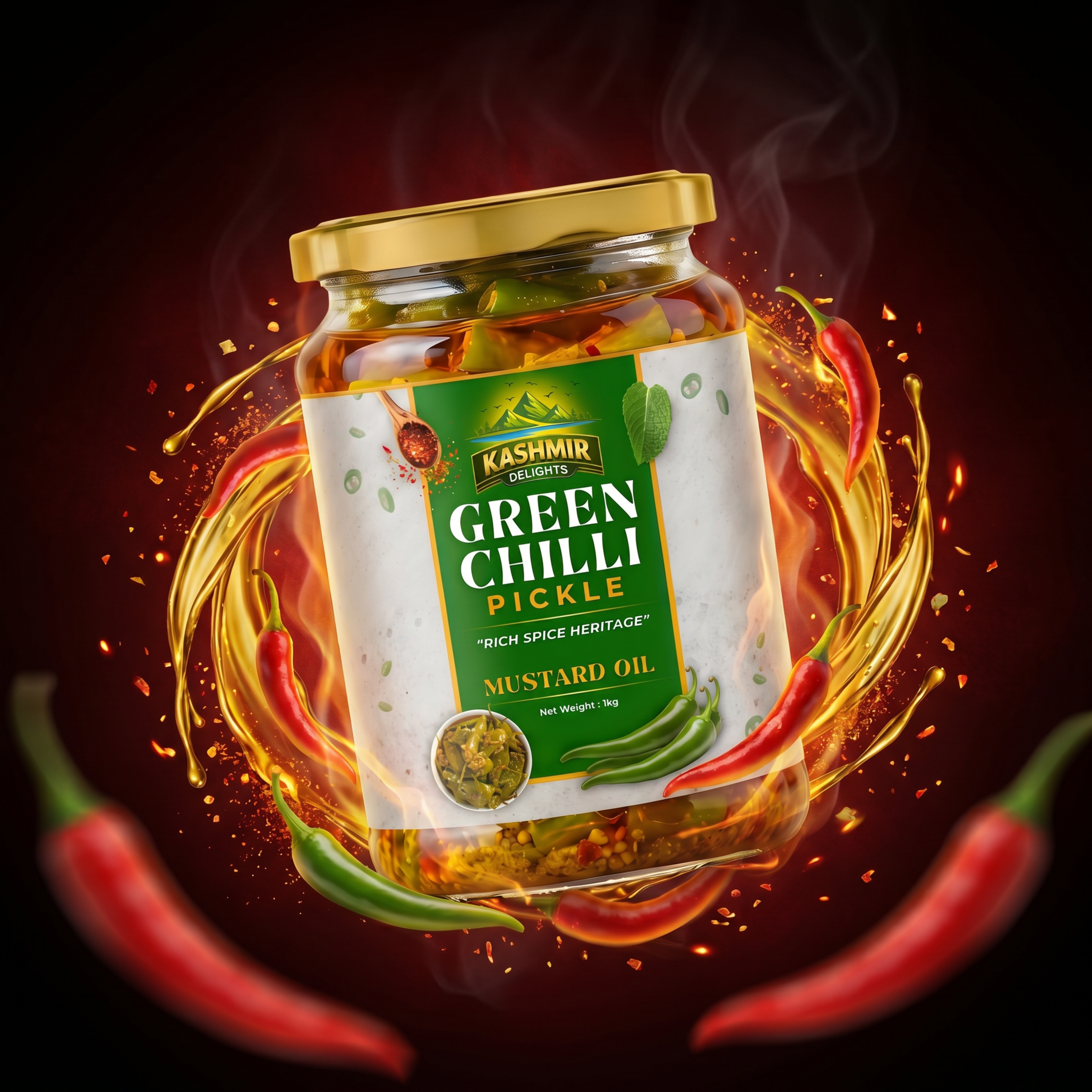 Kashmir Delights green chili pickle in mustard oil, spicy and flavorful, in a glass jar with vibrant green chilies and mustard seeds visible.