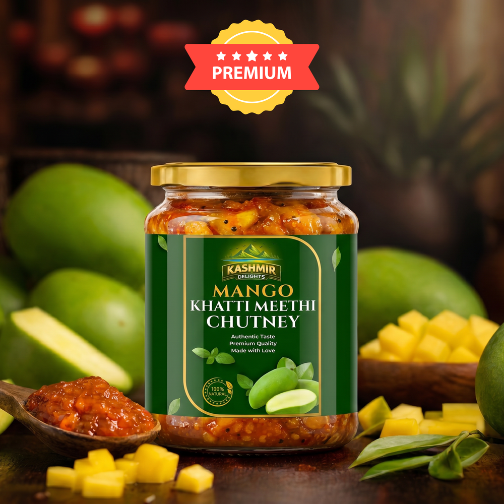 Kashmir Delights Mango Khatti Meethi Chutney jar with vibrant label, showcasing the traditional Indian sweet and tangy mango chutney.