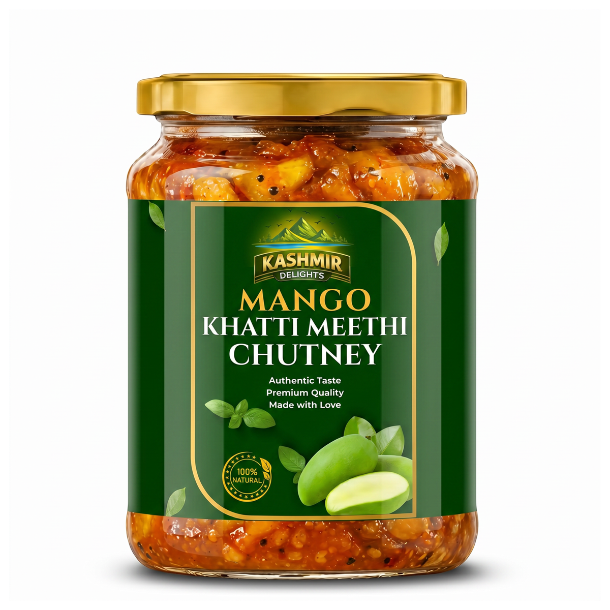 Kashmir Delights Mango Khatti Meethi Chutney in a glass jar, showcasing vibrant orange color with a spoonful ready to serve.