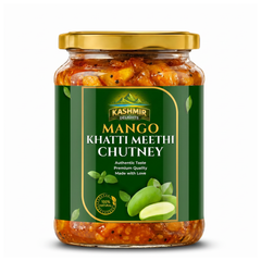 Kashmir Delights Mango Khatti Meethi Chutney in a glass jar, showcasing vibrant orange color with a spoonful ready to serve.