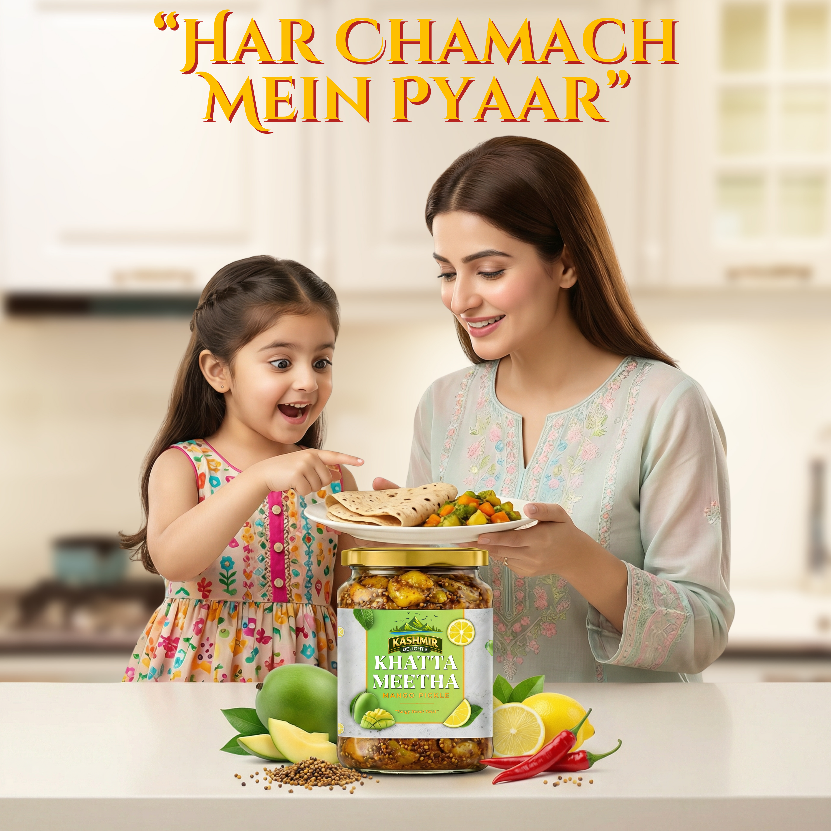Kashmir Delights traditional mango khatta meetha pickle in mustard oil, shown in a glass jar with vibrant mango pieces and spices.