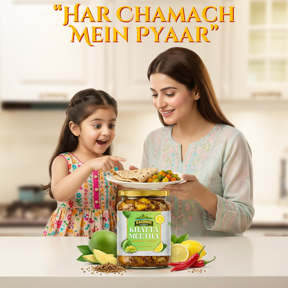 Kashmir Delights traditional mango khatta meetha pickle in mustard oil, shown in a glass jar with vibrant mango pieces and spices.