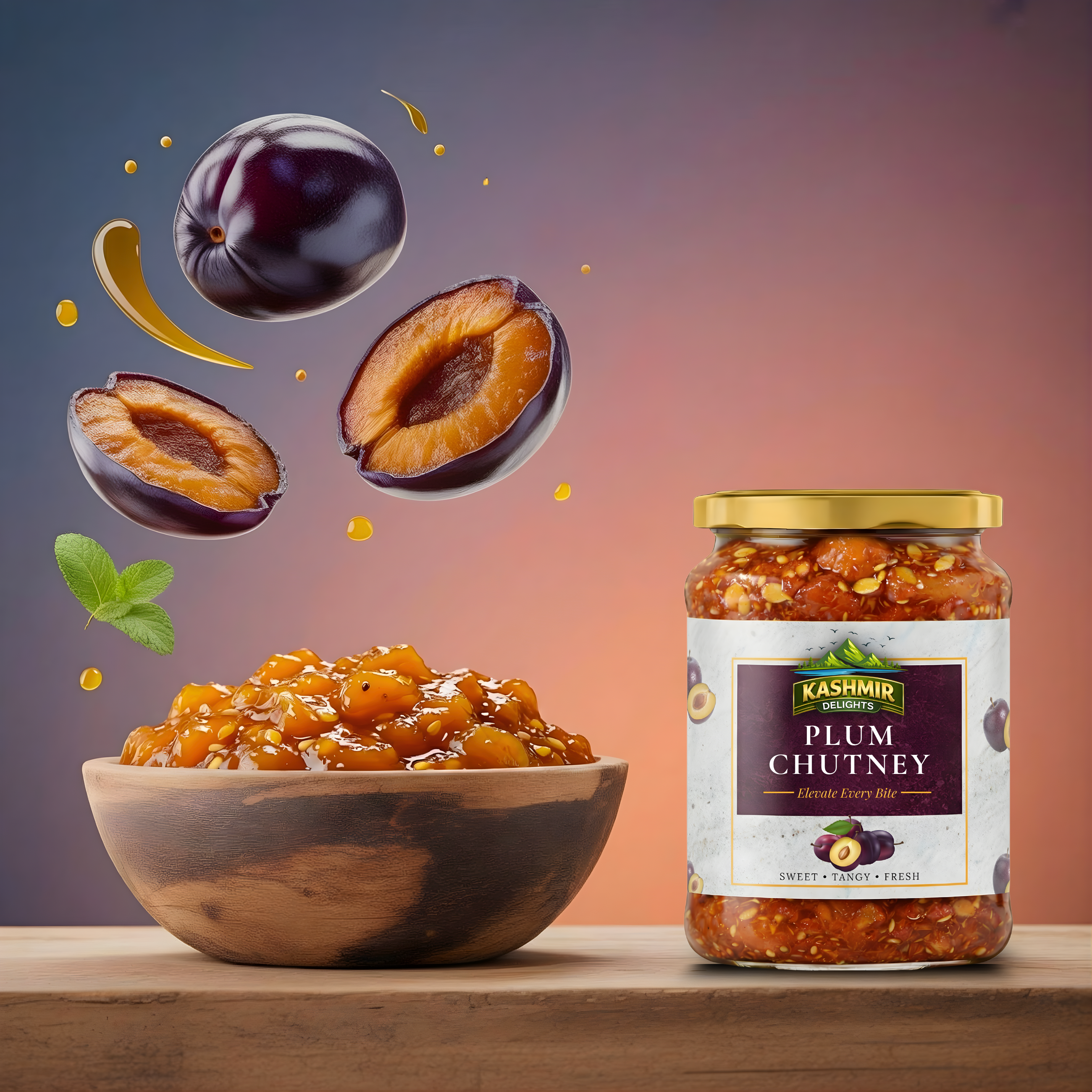 Kashmir Delights authentic Aloo Bukhara plum chutney jar with label and lid, showcasing the rich, flavorful condiment.