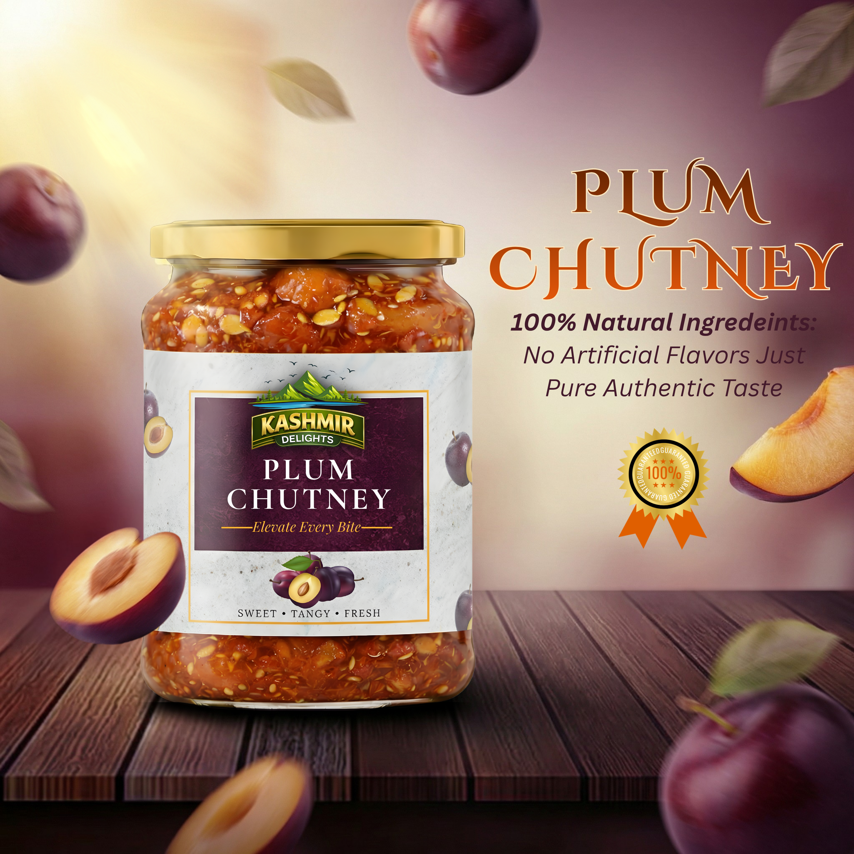 Kashmir Delights authentic Aloo Bukhara (plum) chutney in a jar, showcasing rich, deep-colored chutney with fresh plum ingredients.