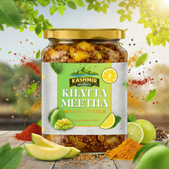 Kashmir Delights traditional mango khatta meetha pickle in mustard oil, showing vibrant mango pieces and spices in a glass jar.