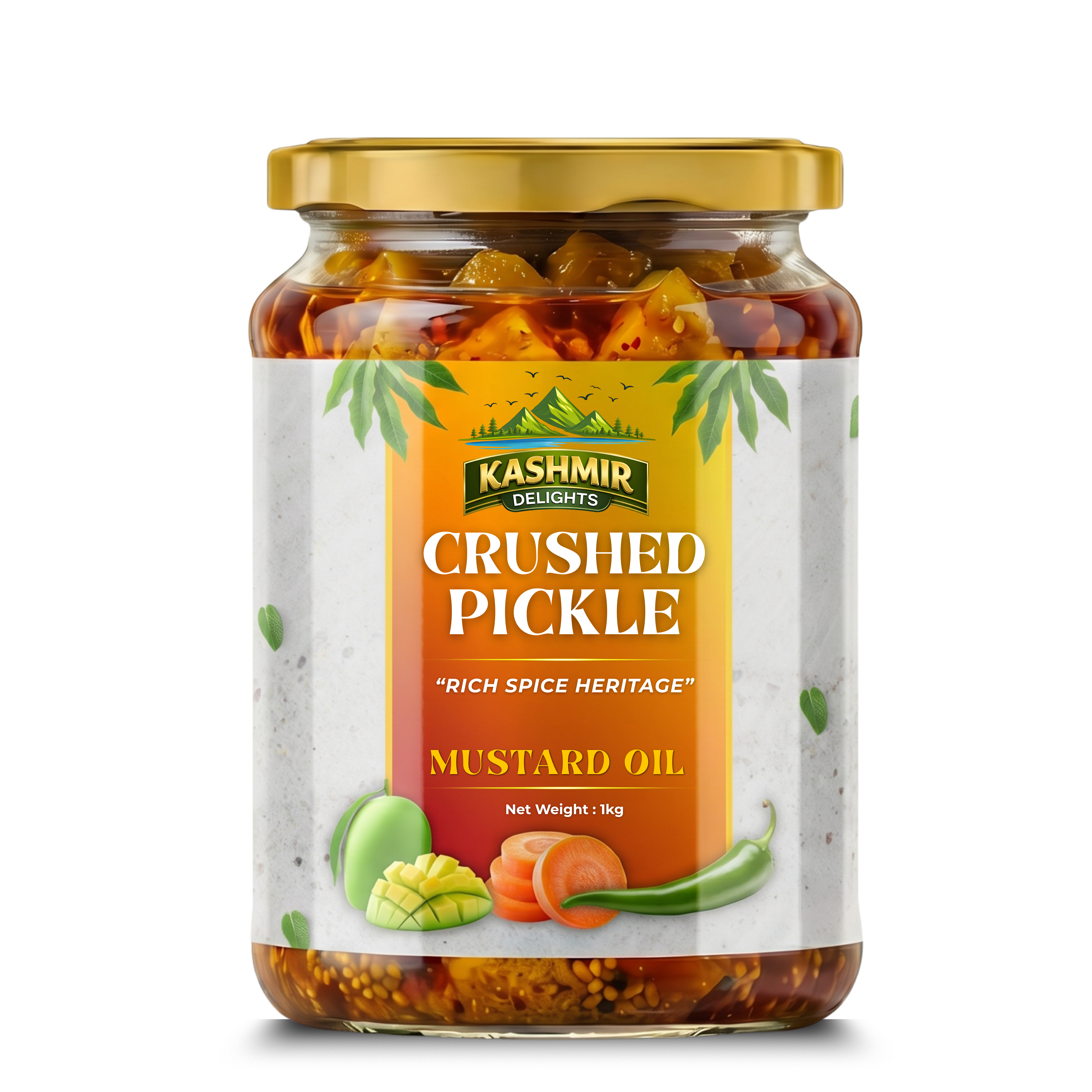 Kashmir Delights crushed pickle in mustard oil jar, showing the colorful, textured pickle with mustard seeds and oil visible inside