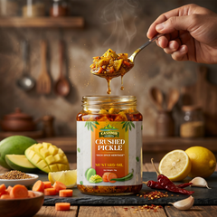 Kashmir Delights crushed pickle in mustard oil jar with vibrant label, showcasing traditional Kashmiri pickle for authentic flavor.