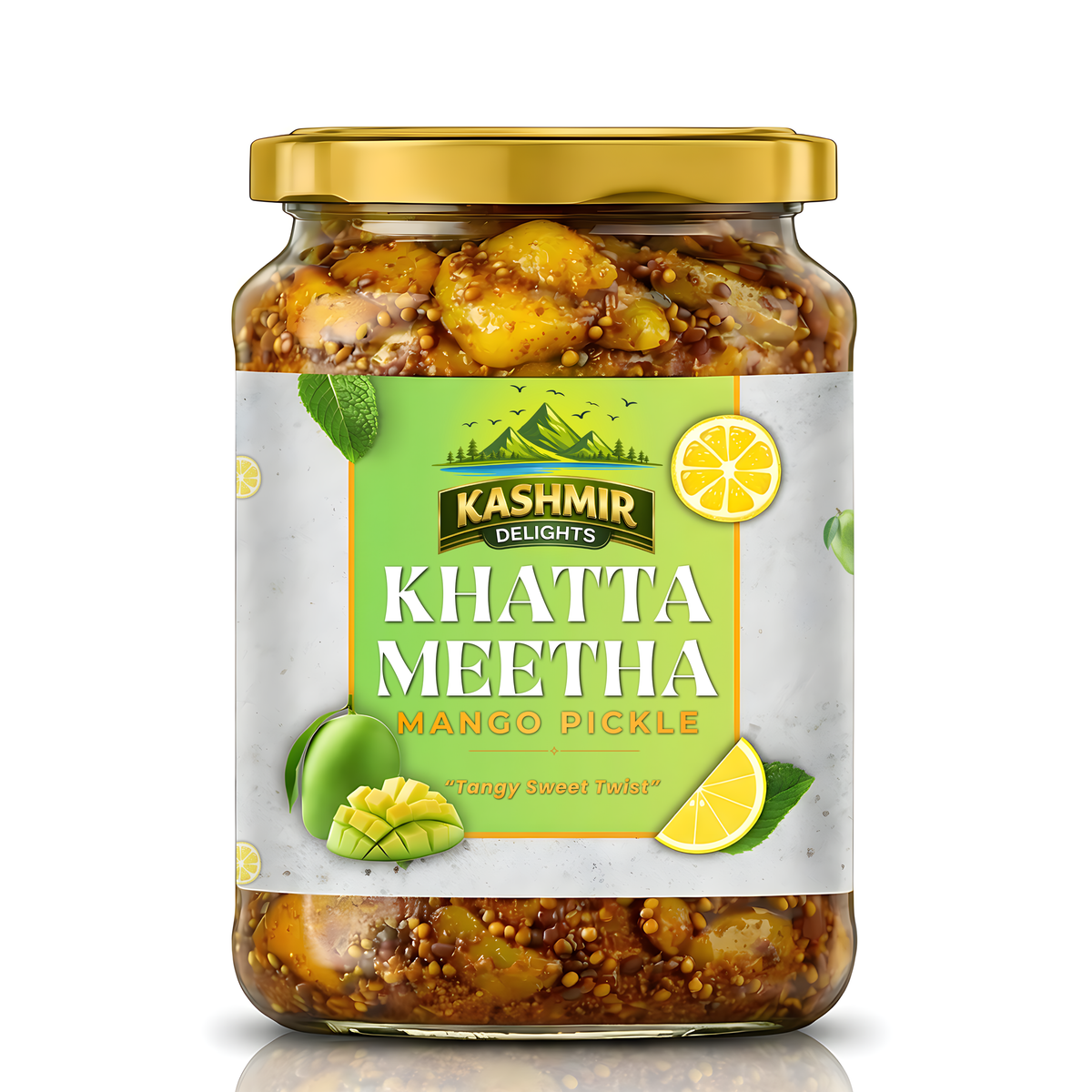 Kashmir Delights traditional mango khatta meetha pickle in mustard oil, showcasing vibrant mango pieces and rich spices.